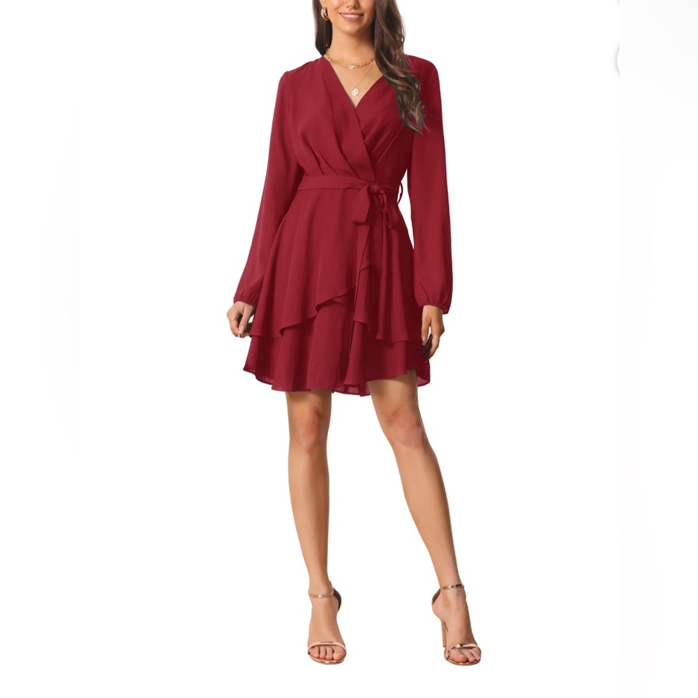 Chic Long Sleeve Burgundy Wrap Dress